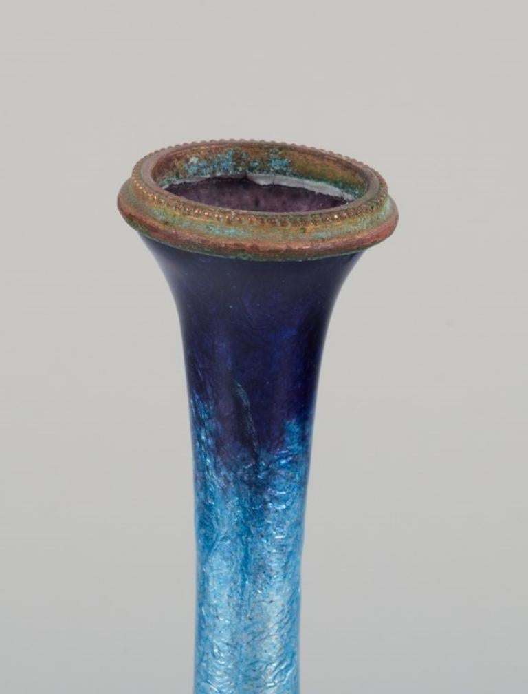 French Fauré et Marty for Limoges. Enamelwork vase with blue-toned decoration. For Sale