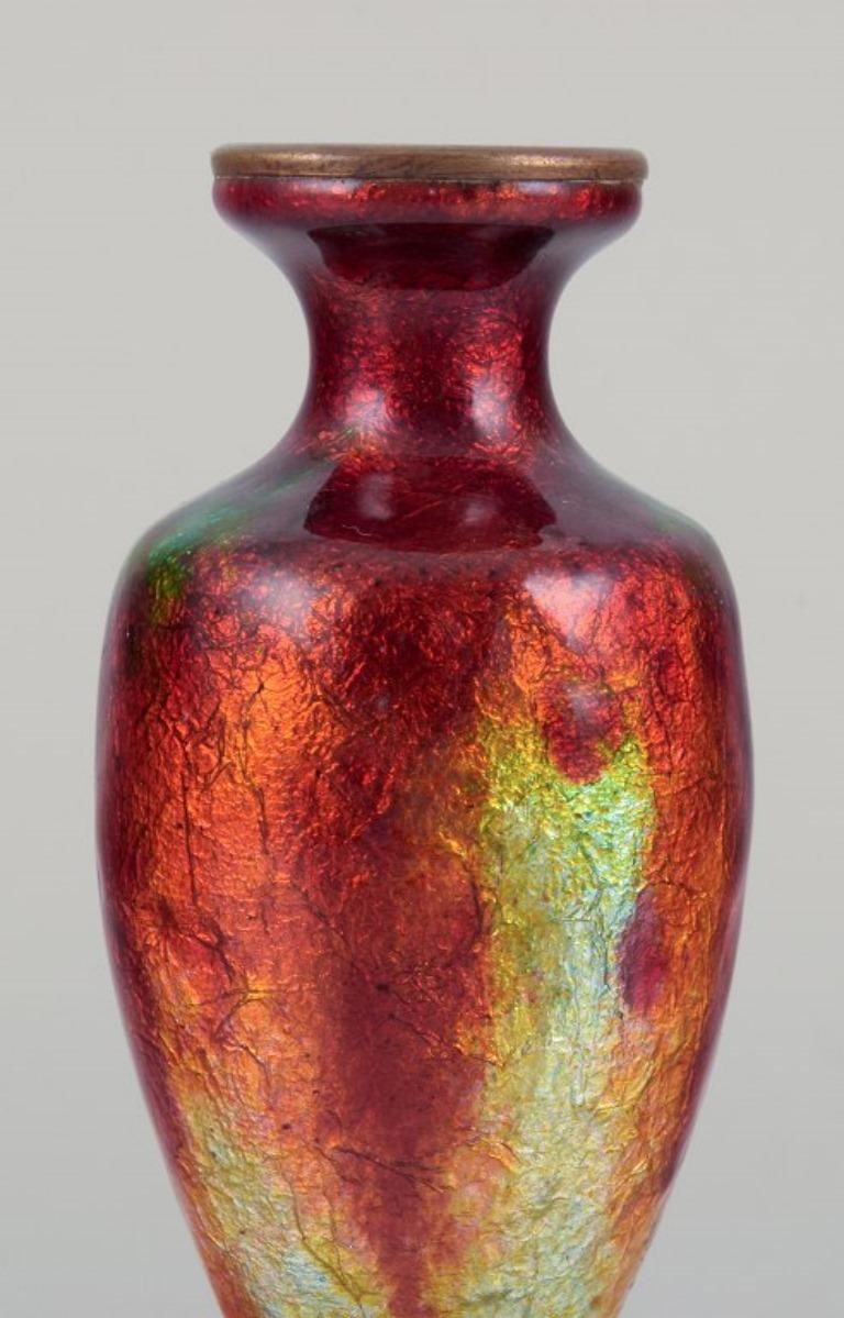 Metal Fauré et Marty for Limoges, France. Small metalwork vase with enamel decoration For Sale