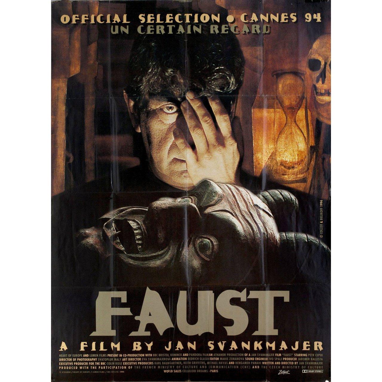 Original 1994 French grande poster for the film “Faust” (Lesson Faust) directed by Jan Svankmajer with Petr Cepek / Jan Kraus / Vladimir Kudla / Antonin Zacpal. Good very good condition, folded with tape on front. Many original posters were issued