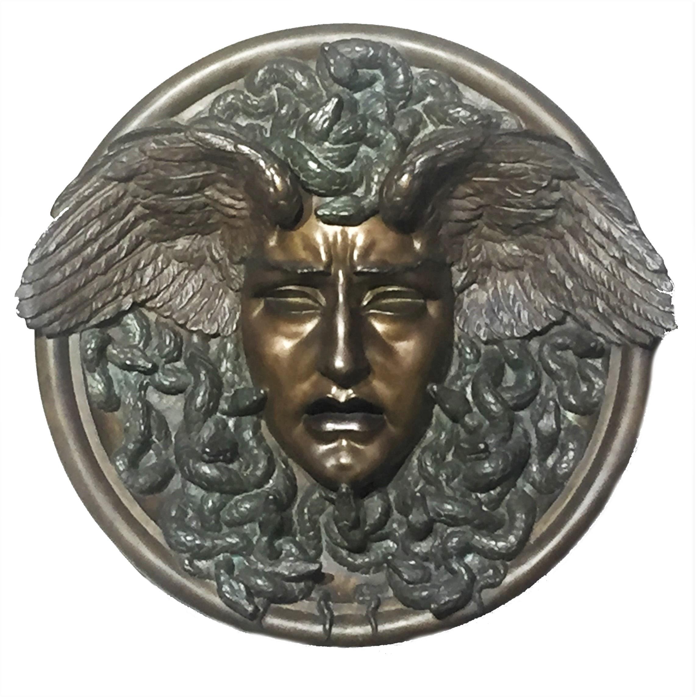 We proudly present this very rare and outstandingly beautiful Novecento Italiano multi-color patinated bronze bas-relief medallion of Medusa, created by the world-famous Italian sculptor Fausta Vittoria Mengarini. 

This impressive monumental