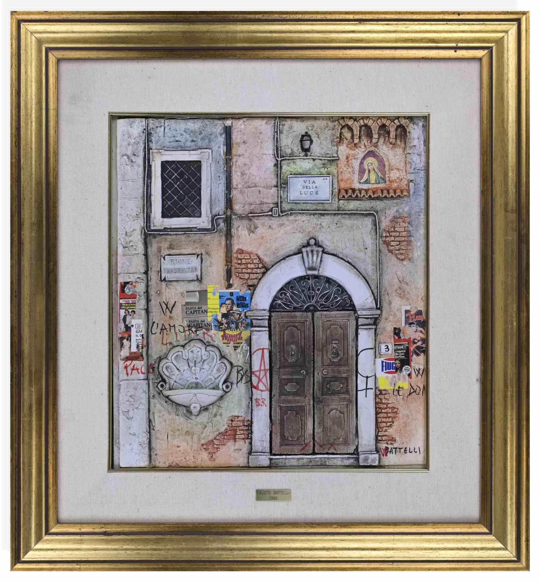 Mixed media on board realized by Fausto Battelli in 1986.

It depicts a door in via della Luce, Rome.

In very good condition, it includes a contemporary gilded wooden frame 54x51.