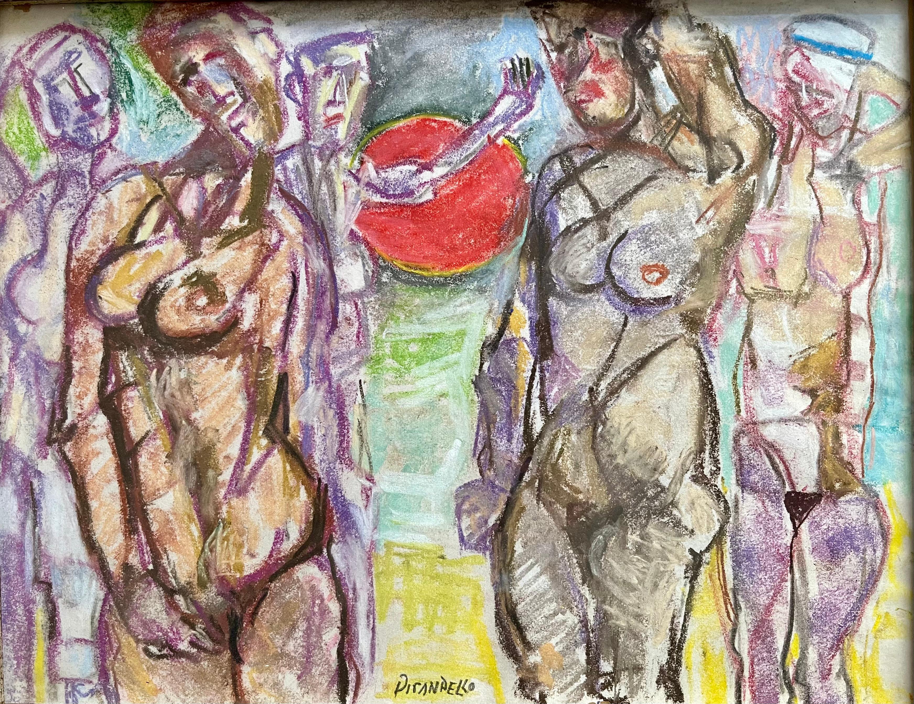 Important work by one of the greatest artists of the Italian artistic avant-garde Fausto Pirandello 
It depicts one of his iconic subjects ‘Bathers’ with five characters depicted in his unmistakable abstract style and a wonderful red sun in