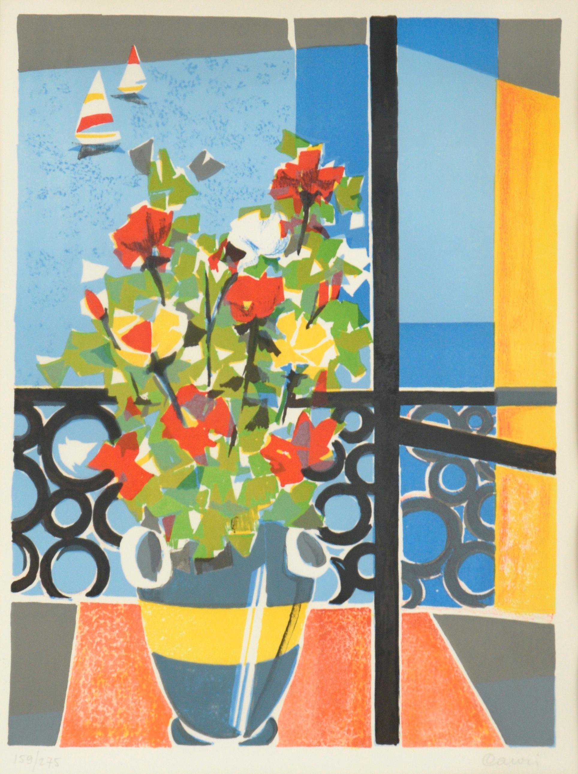 Flowers by the Window, Mid Century Cubist Still-Life Limited Edition Lithograph - Print by Fausto Maria Casotti