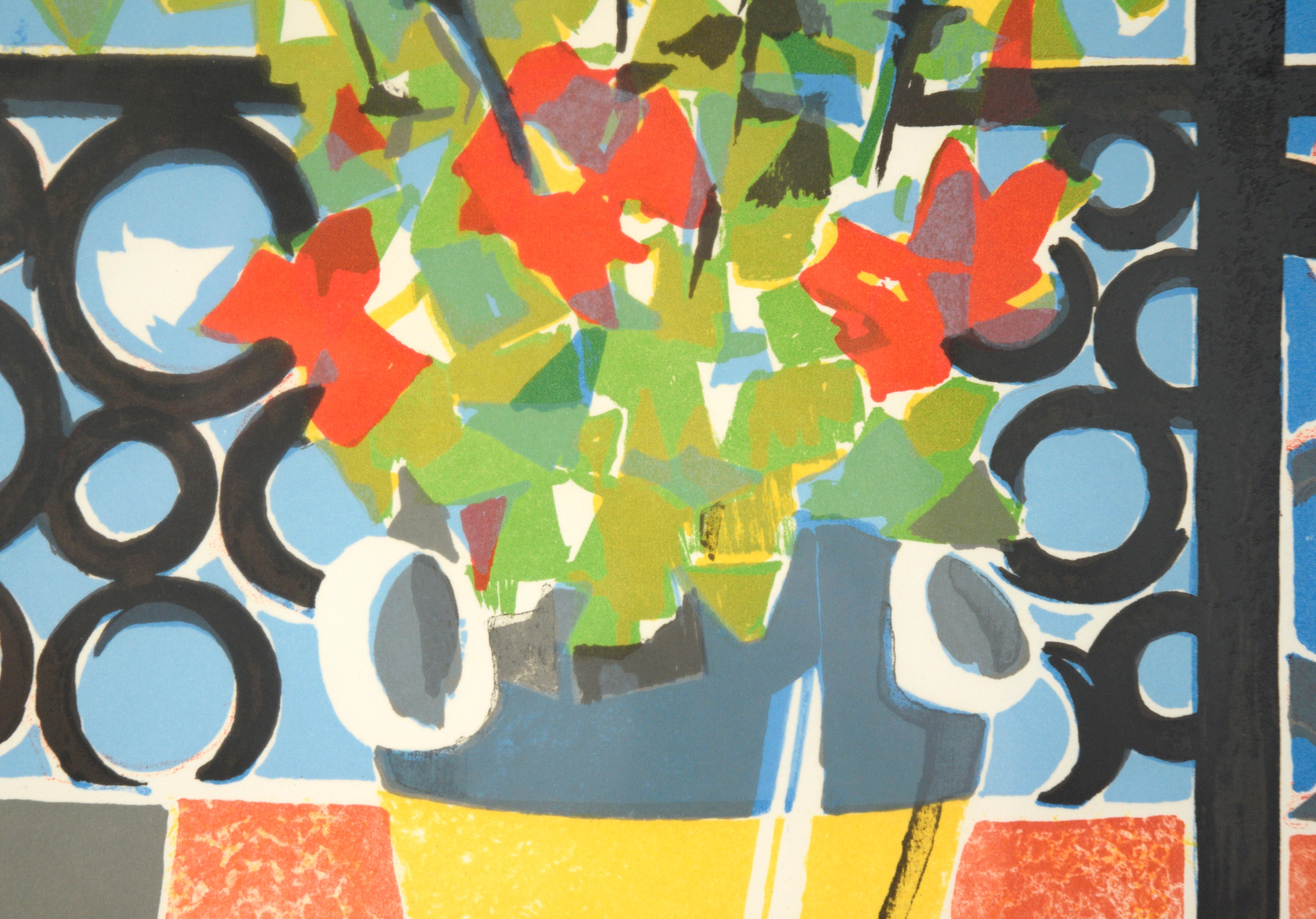 Blumen am Fenster, kubistische Stillleben-Lithographie in limitierter Auflage, Mid-Century Limited Edition (Schwarz), Still-Life Print, von Fausto Maria Casotti