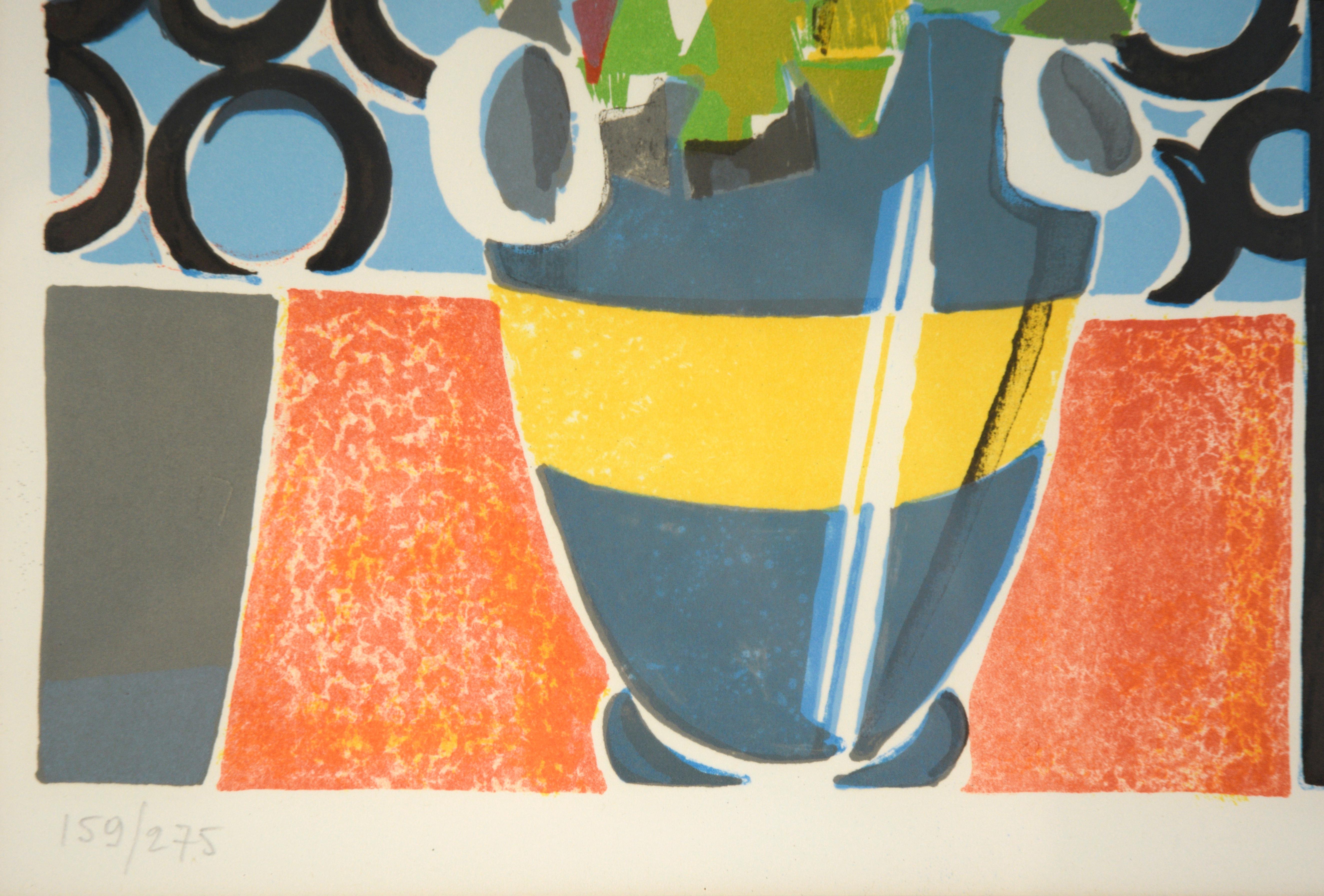 Lebendiges kubistisches Stillleben, eine handsignierte Lithografie in limitierter Auflage von Fausto Maria Casotti (auch bekannt als Cauri) (Italiener, geb. 1924). Kräftige Farben und blockhafte Formen kennzeichnen diese lustige und charmante Szene,