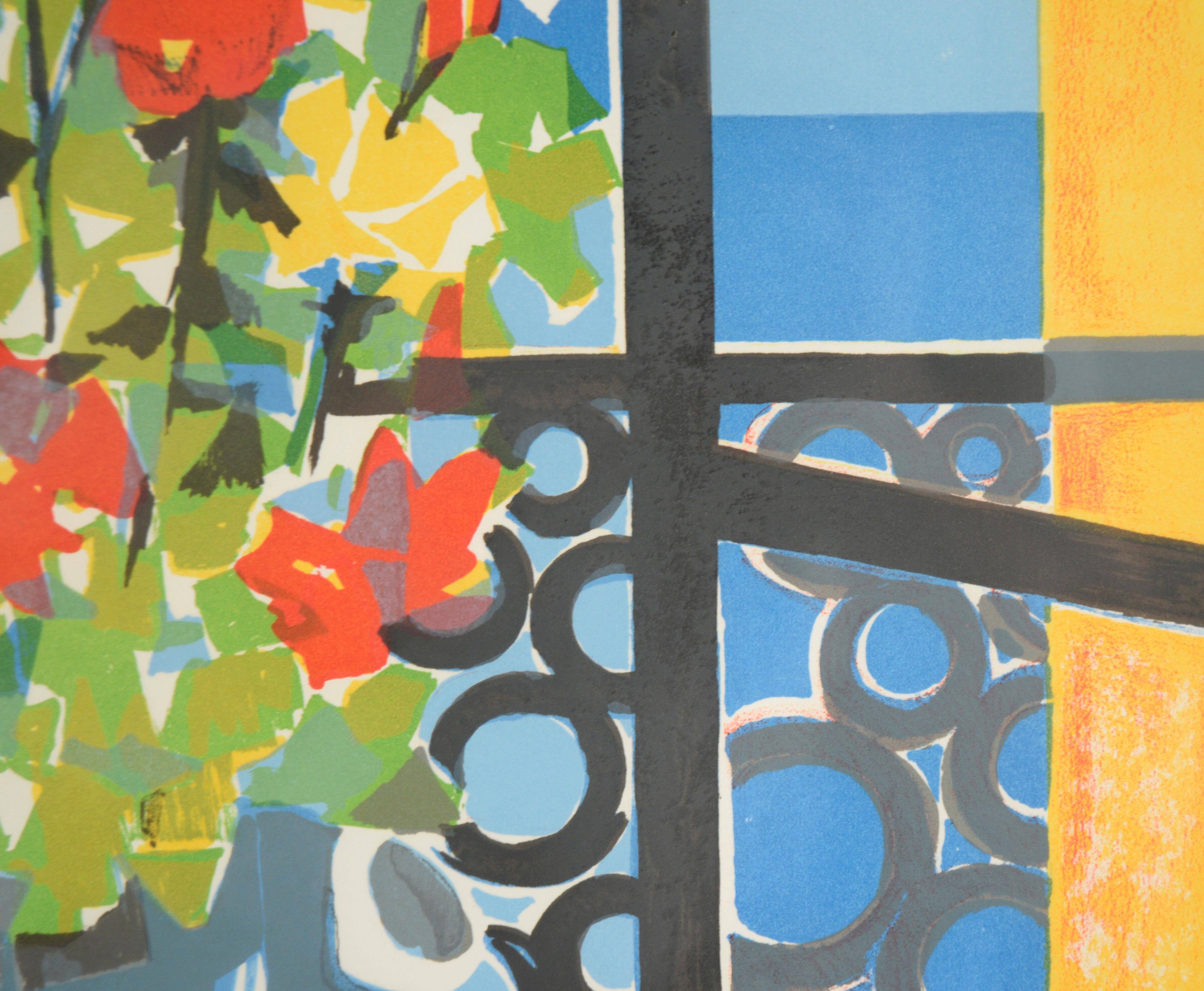 Flowers by the Window, Mid Century Cubist Still-Life Limited Edition Lithograph For Sale 1