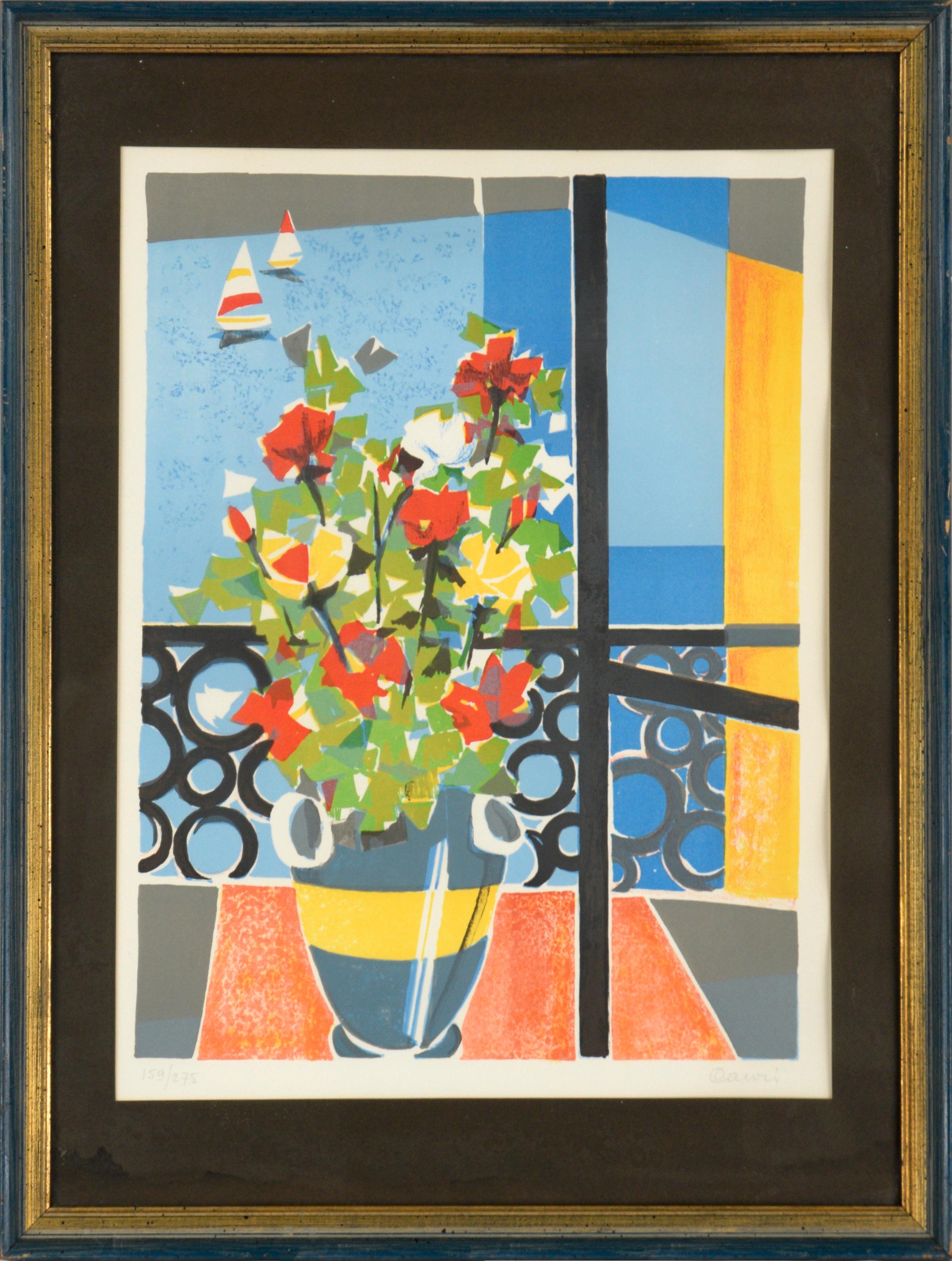 Fausto Maria Casotti Still-Life Print – Blumen am Fenster, kubistische Stillleben-Lithographie in limitierter Auflage, Mid-Century Limited Edition