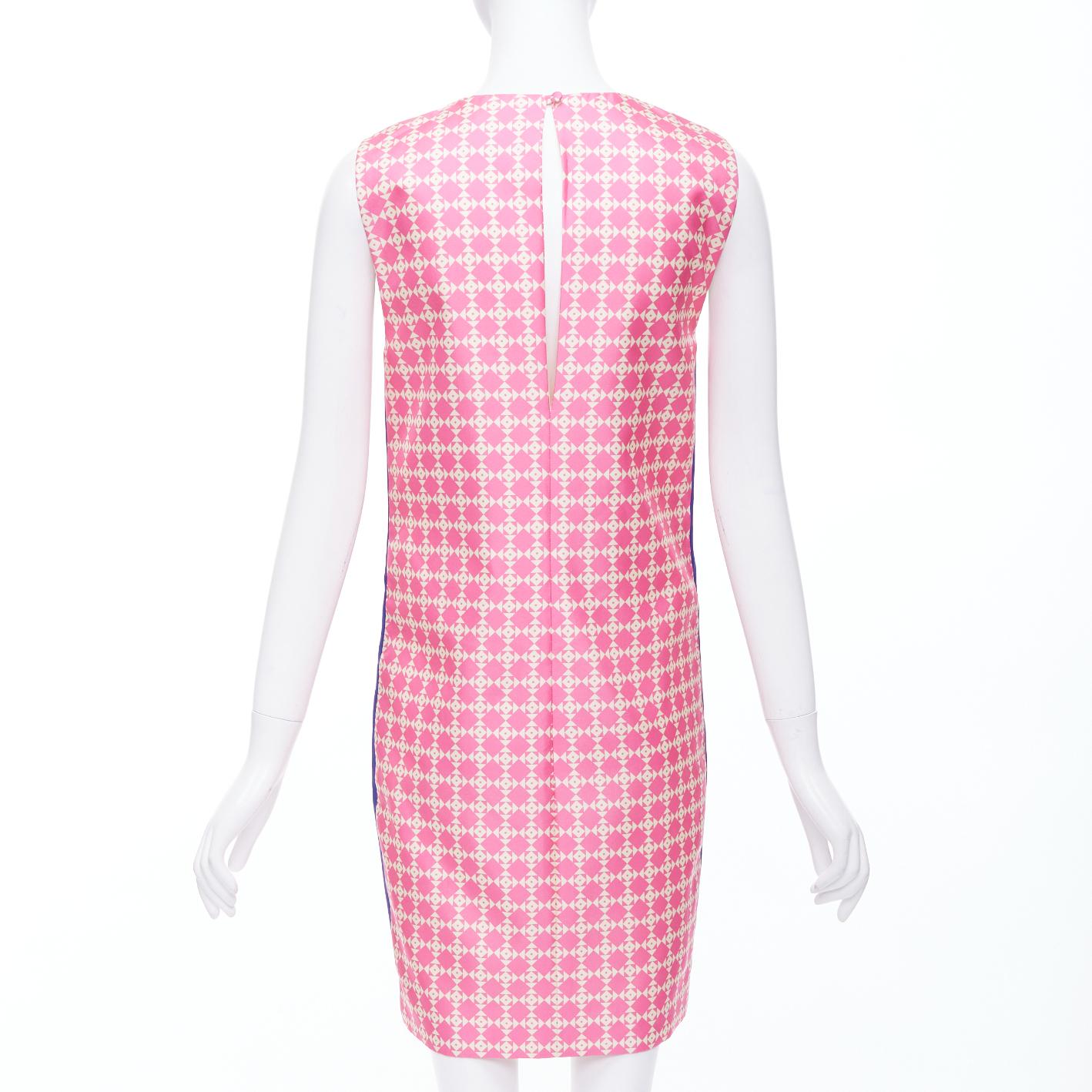 FAUSTO PUGLISI 100% silk cobalt blue pink geometric print dress FR34 XS In Excellent Condition For Sale In Hong Kong, NT