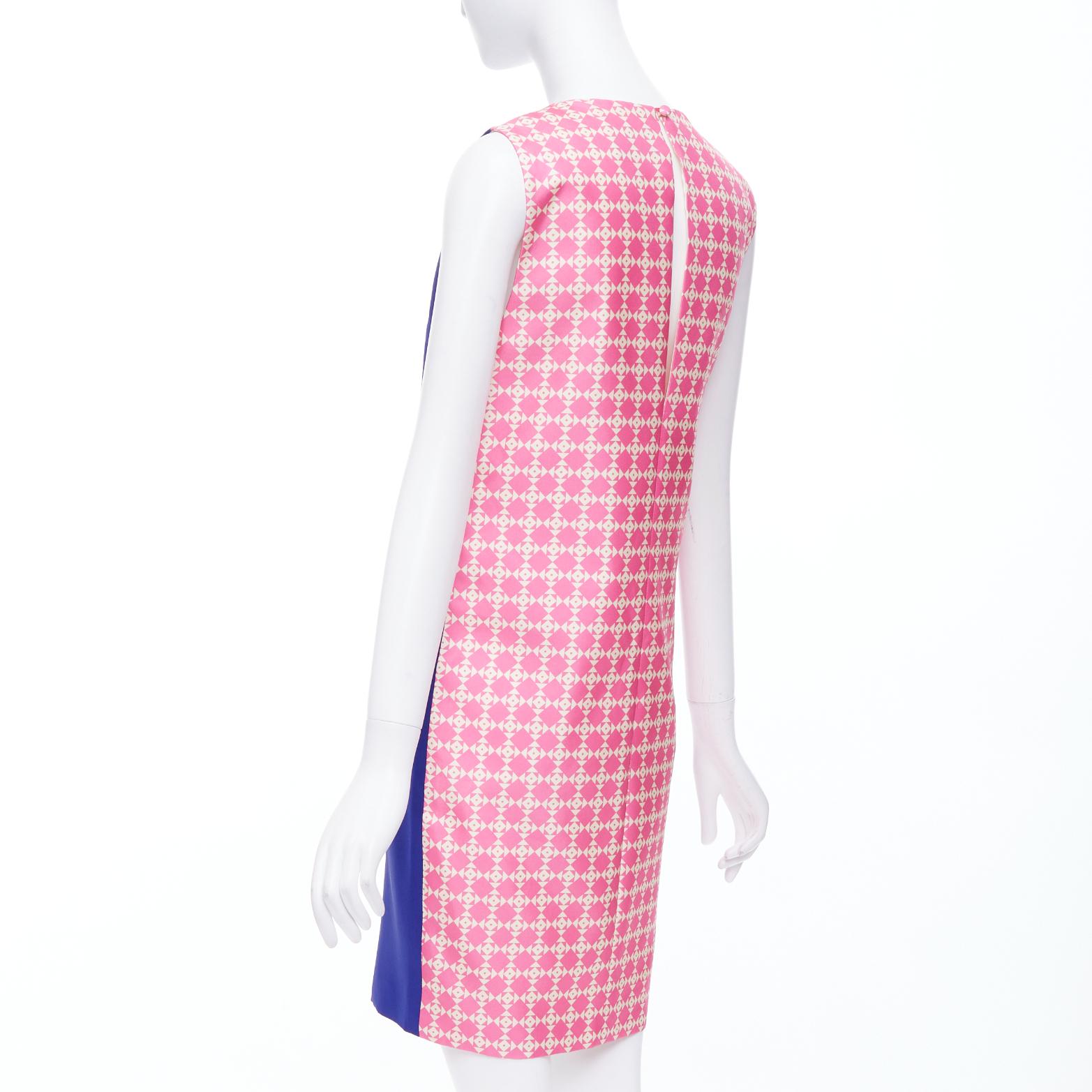Women's FAUSTO PUGLISI 100% silk cobalt blue pink geometric print dress FR34 XS For Sale