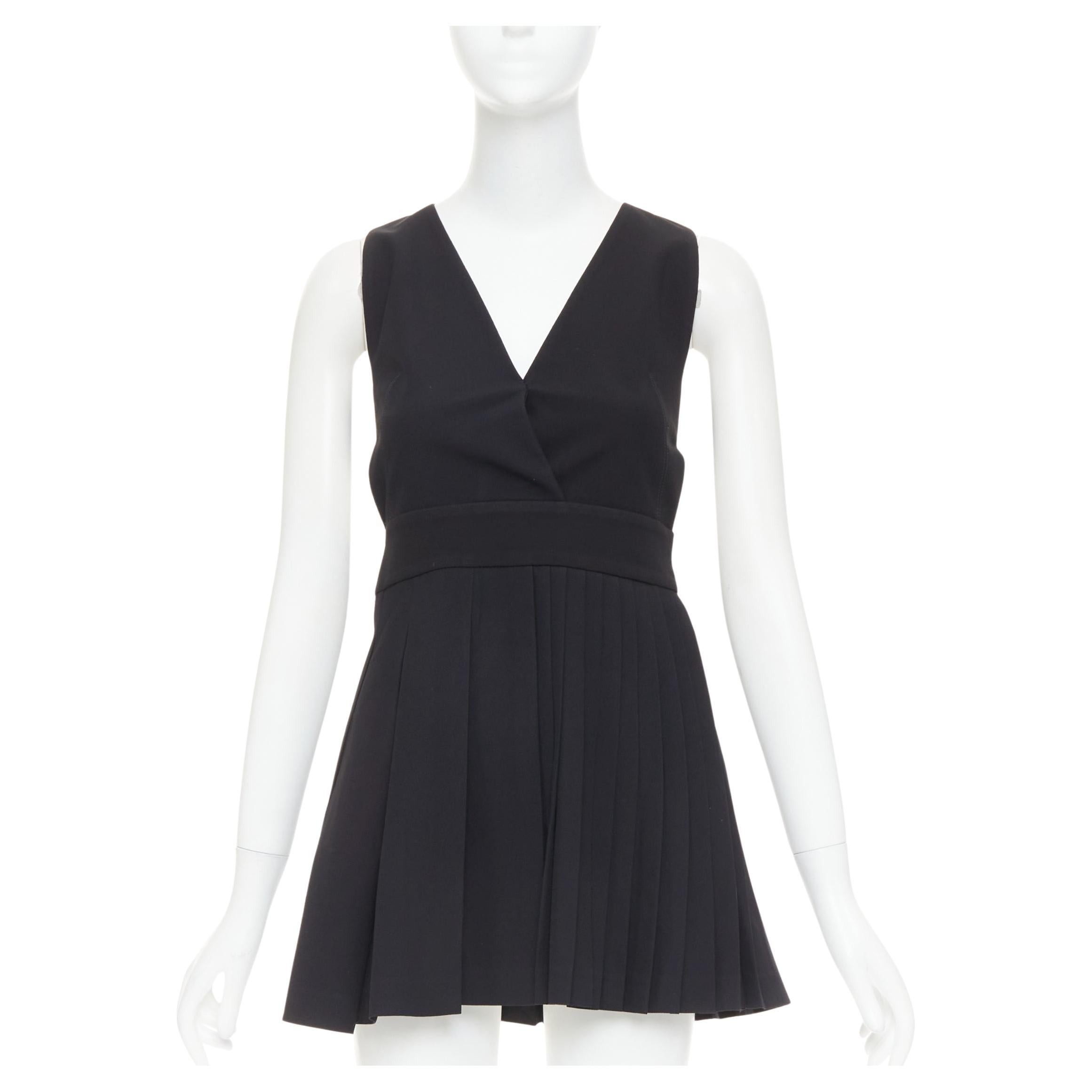 FAUSTO PUGLISI black crepe multi pleated cut out V neck mini dress IT38 XS