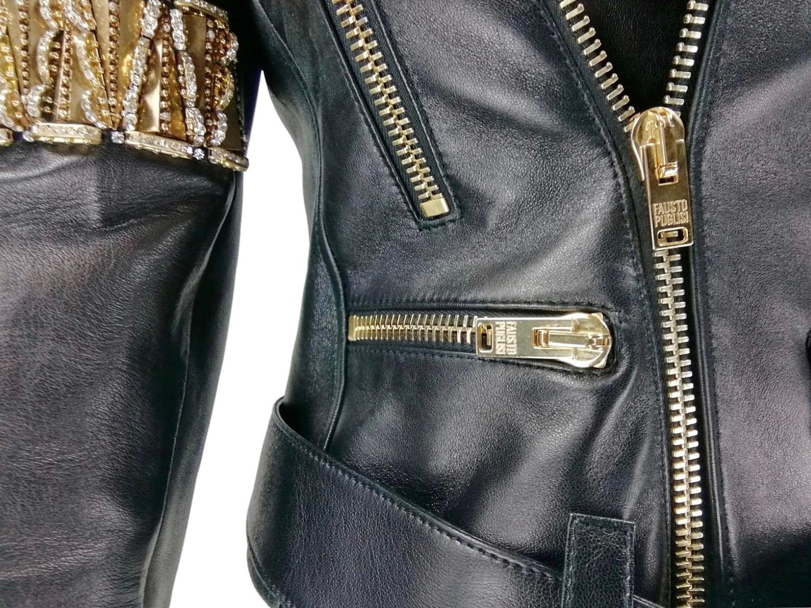 Black FAUSTO PUGLISI black leather biker jacket   IT 40 For Sale