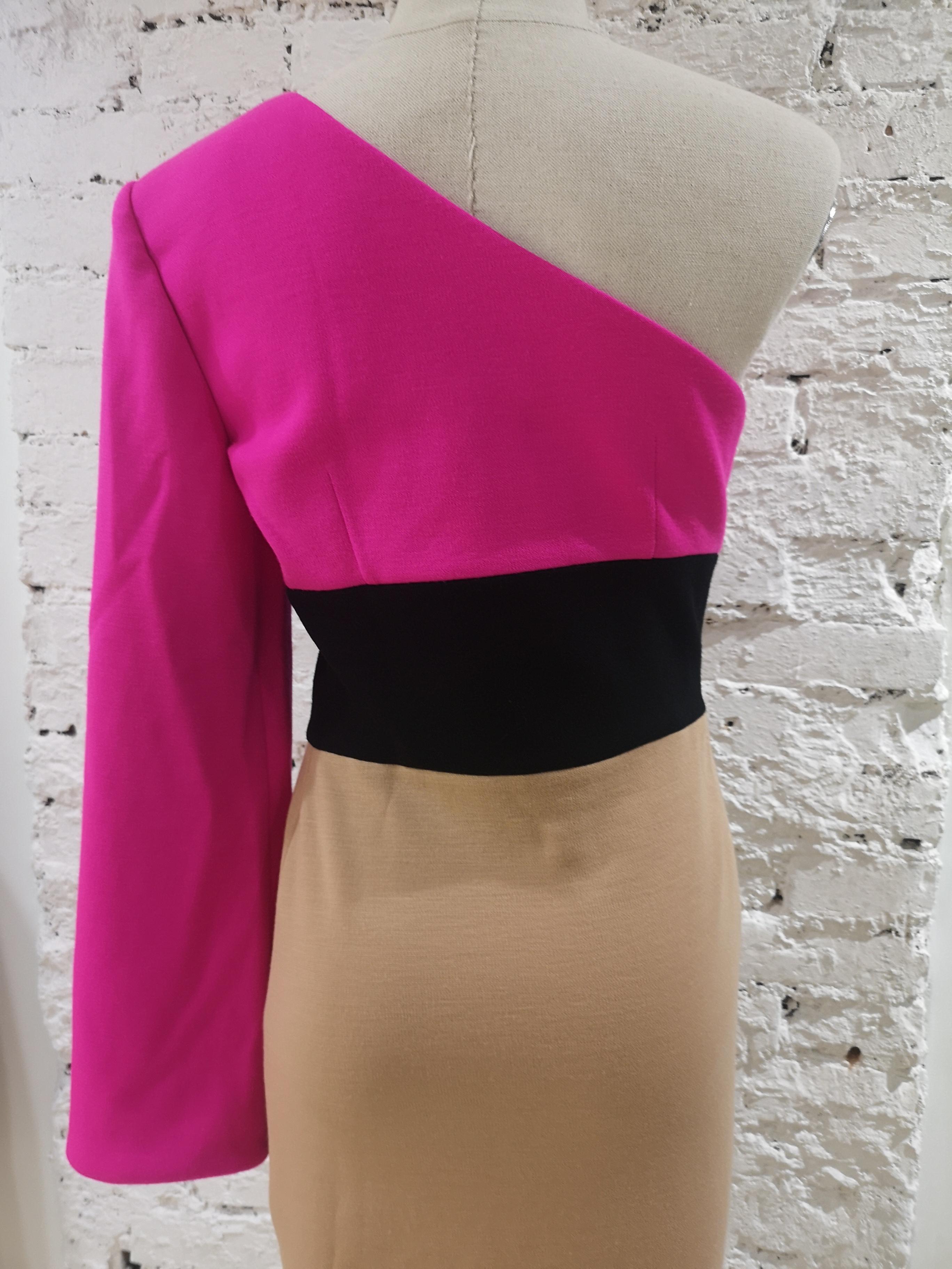 Fausto Puglisi fucsia black and beije wool dress  In Excellent Condition For Sale In Capri, IT
