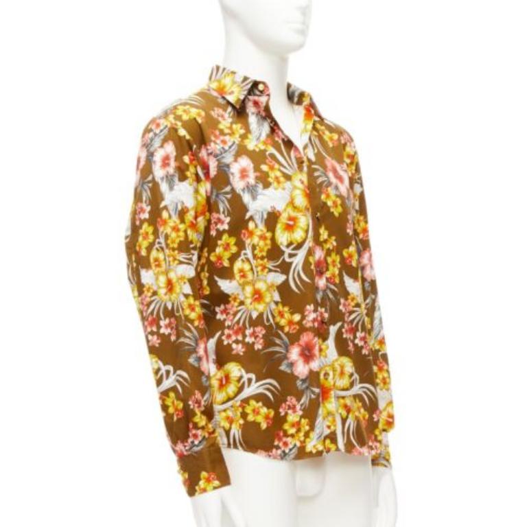 Brown FAUSTO PUGLISI yellow khaki tropical floral  cotton gold button shirt EU48 M For Sale