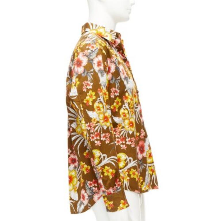 FAUSTO PUGLISI yellow khaki tropical floral  cotton gold button shirt EU48 M In Excellent Condition For Sale In Hong Kong, NT