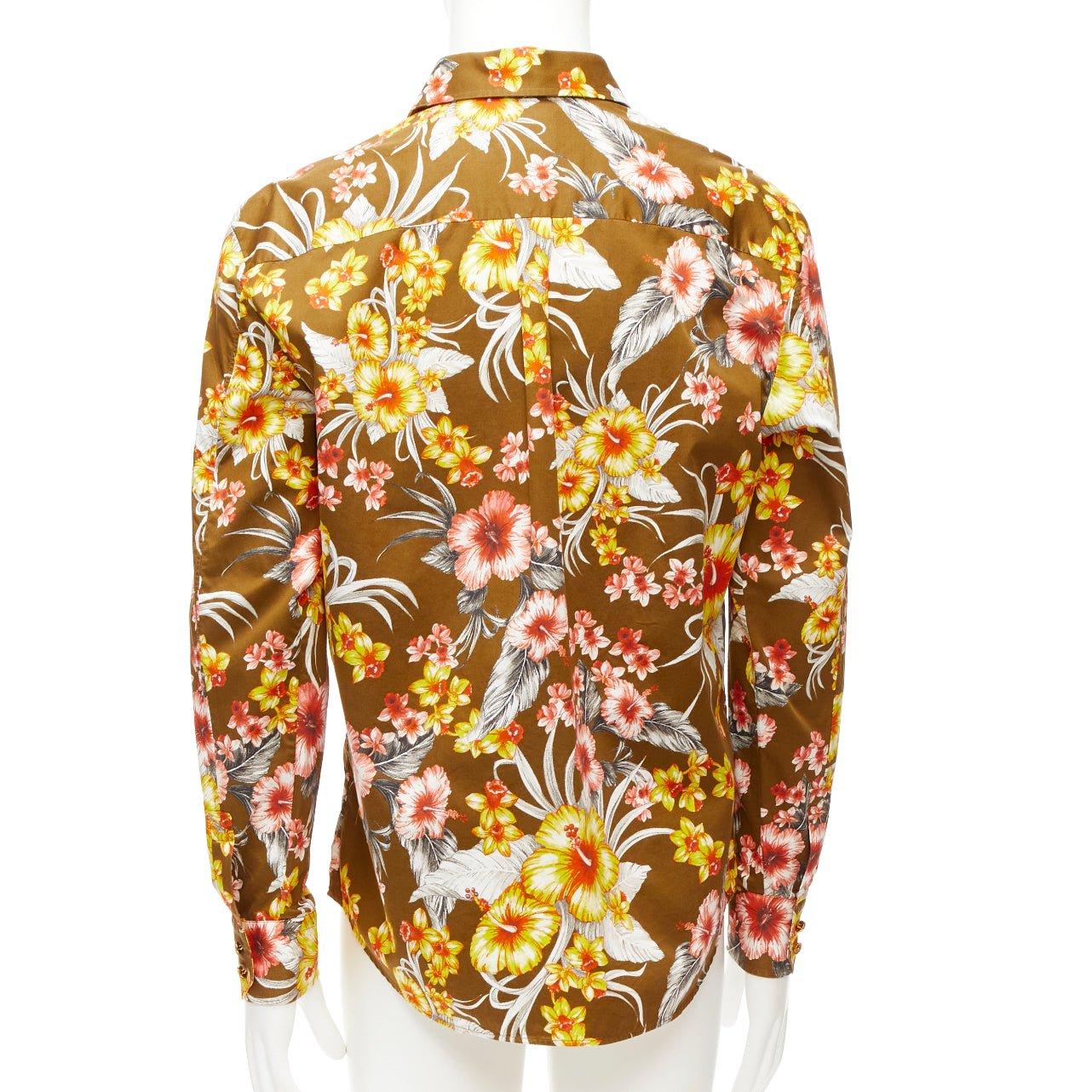 Men's FAUSTO PUGLISI yellow khaki tropical floral  cotton gold button shirt EU48 M For Sale