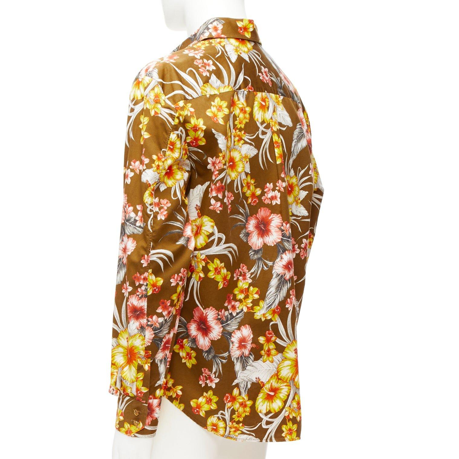 FAUSTO PUGLISI yellow khaki tropical floral  cotton gold button shirt EU48 M For Sale 1