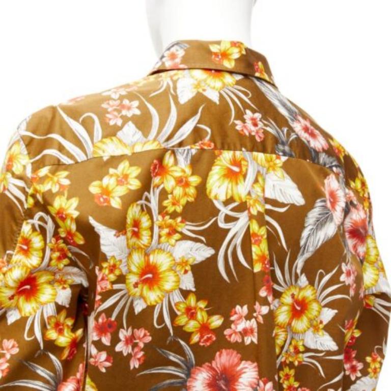 FAUSTO PUGLISI yellow khaki tropical floral  cotton gold button shirt EU48 M For Sale 2