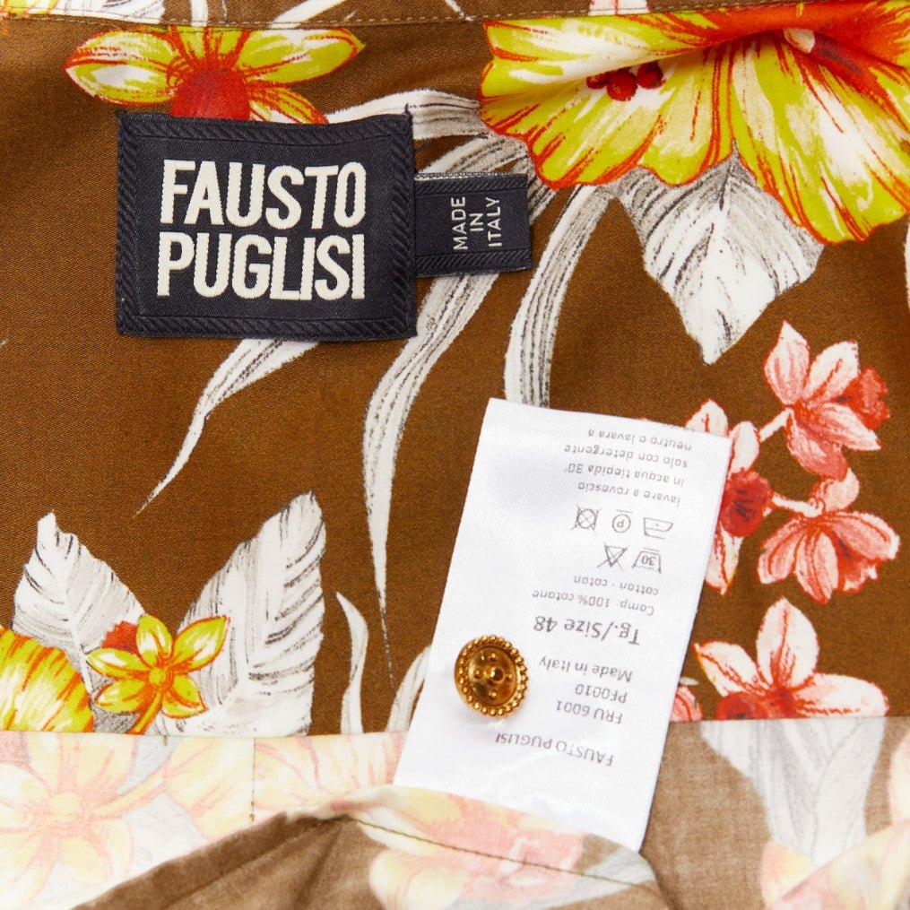 FAUSTO PUGLISI yellow khaki tropical floral  cotton gold button shirt EU48 M For Sale 4