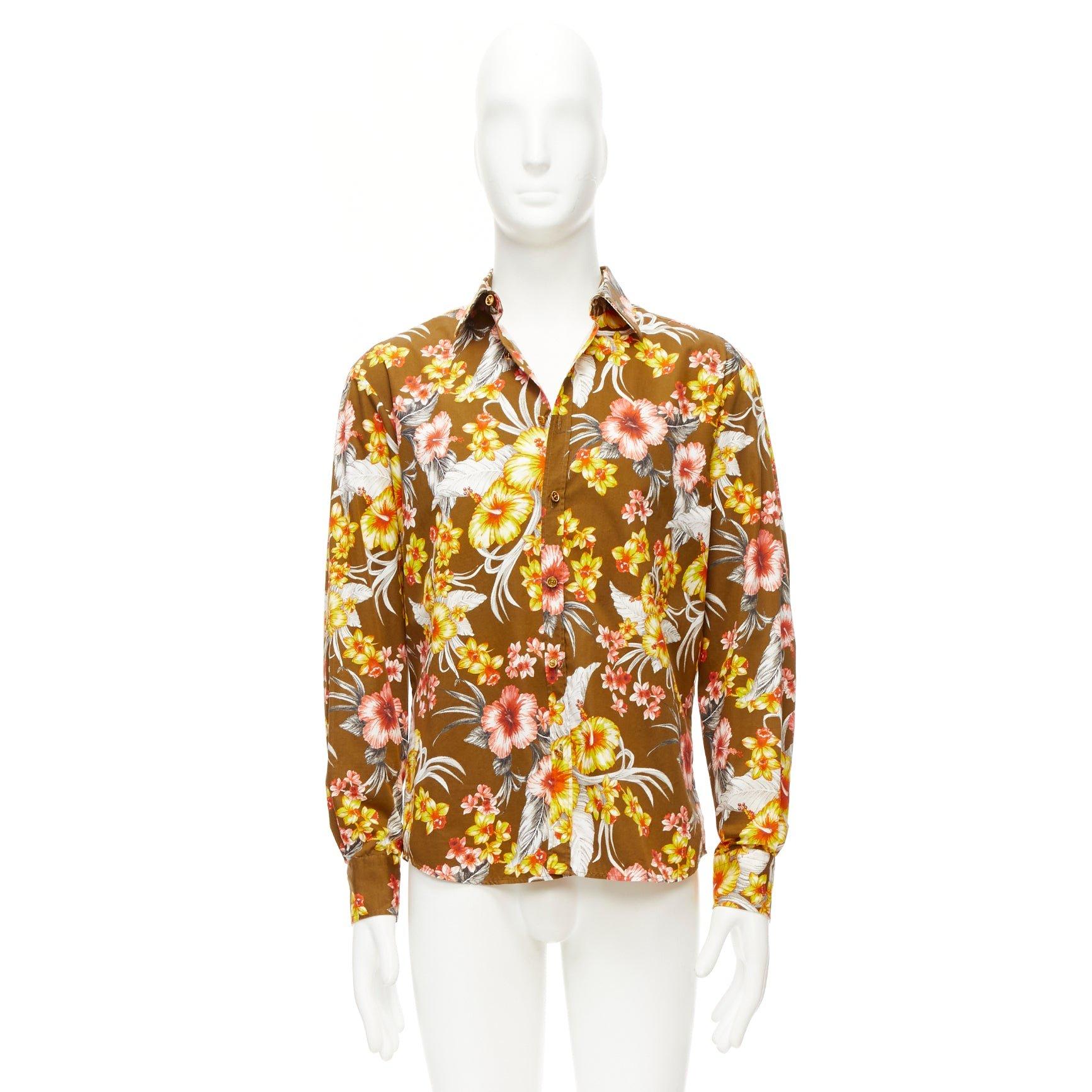 FAUSTO PUGLISI yellow khaki tropical floral  cotton gold button shirt EU48 M For Sale 5