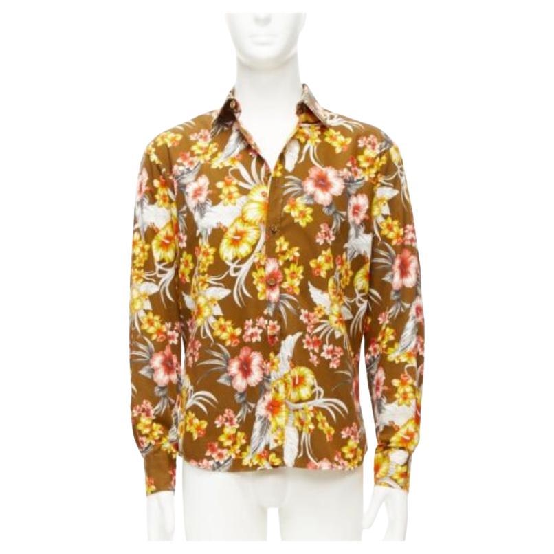 FAUSTO PUGLISI yellow khaki tropical floral  cotton gold button shirt EU48 M For Sale
