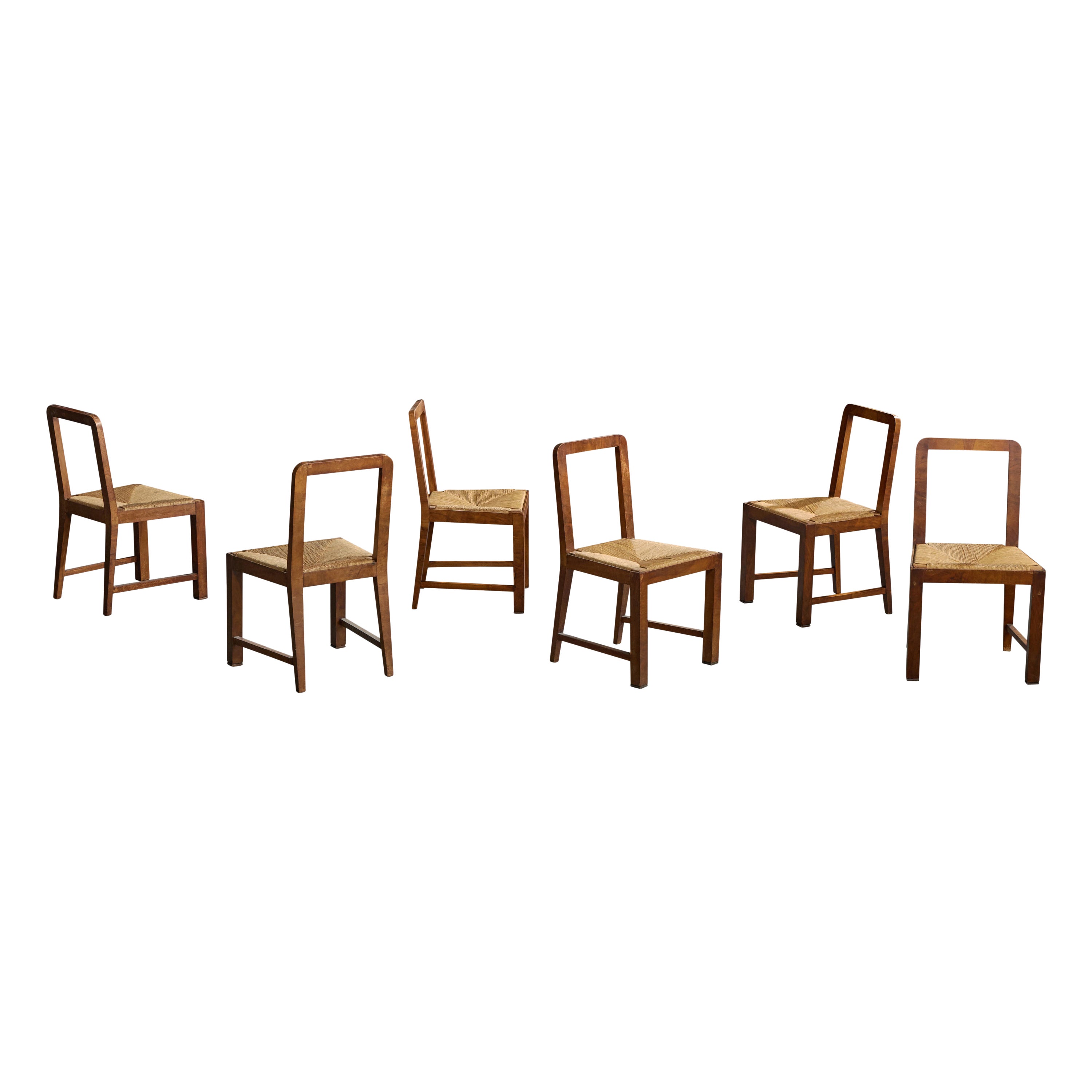 Fausto Saccorotti Attribution, Dining Room Chairs, Wood, Rush, Italy, 1930s For Sale