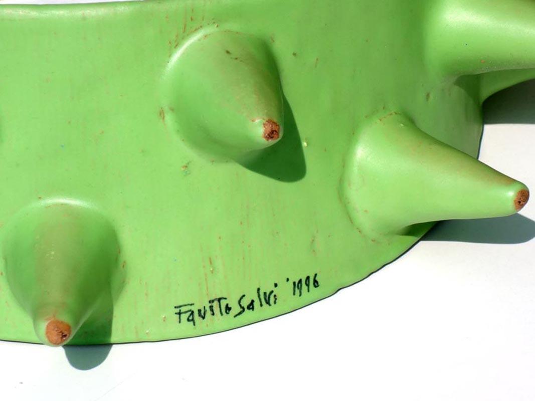 Late 20th Century Fausto Salvi Italian 1996 Spikes Green Ceramic Sculpture For Sale
