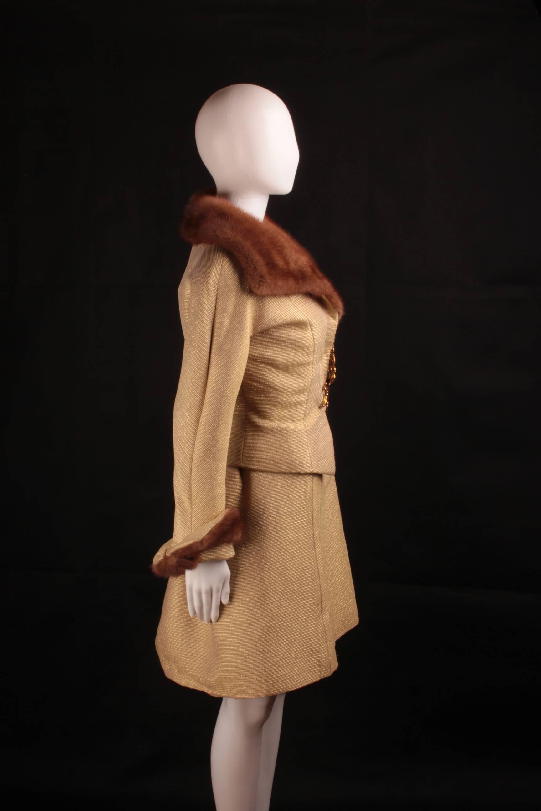 Brown Fausto Sarli, gold lurex cannete’ fabric, jacket and dress ensemble.  For Sale