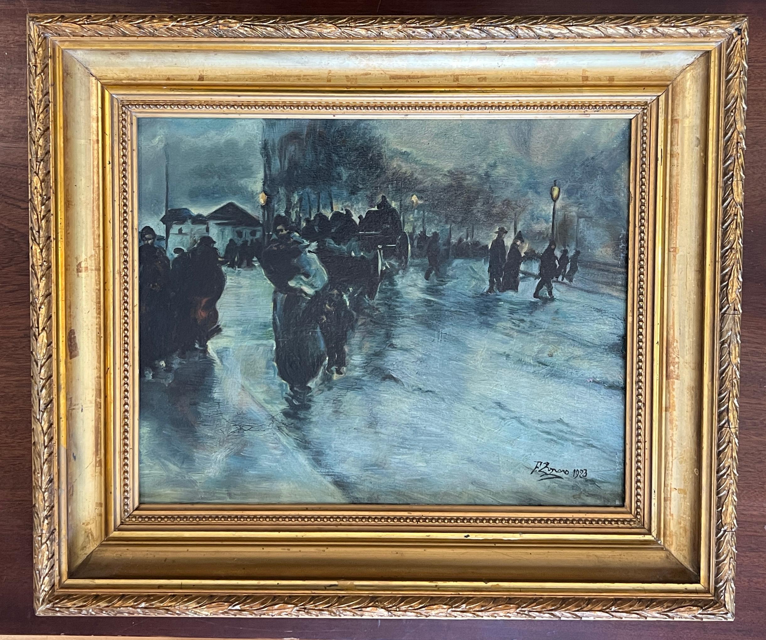 Scena di strada serale - Painting di Fausto Zonaro