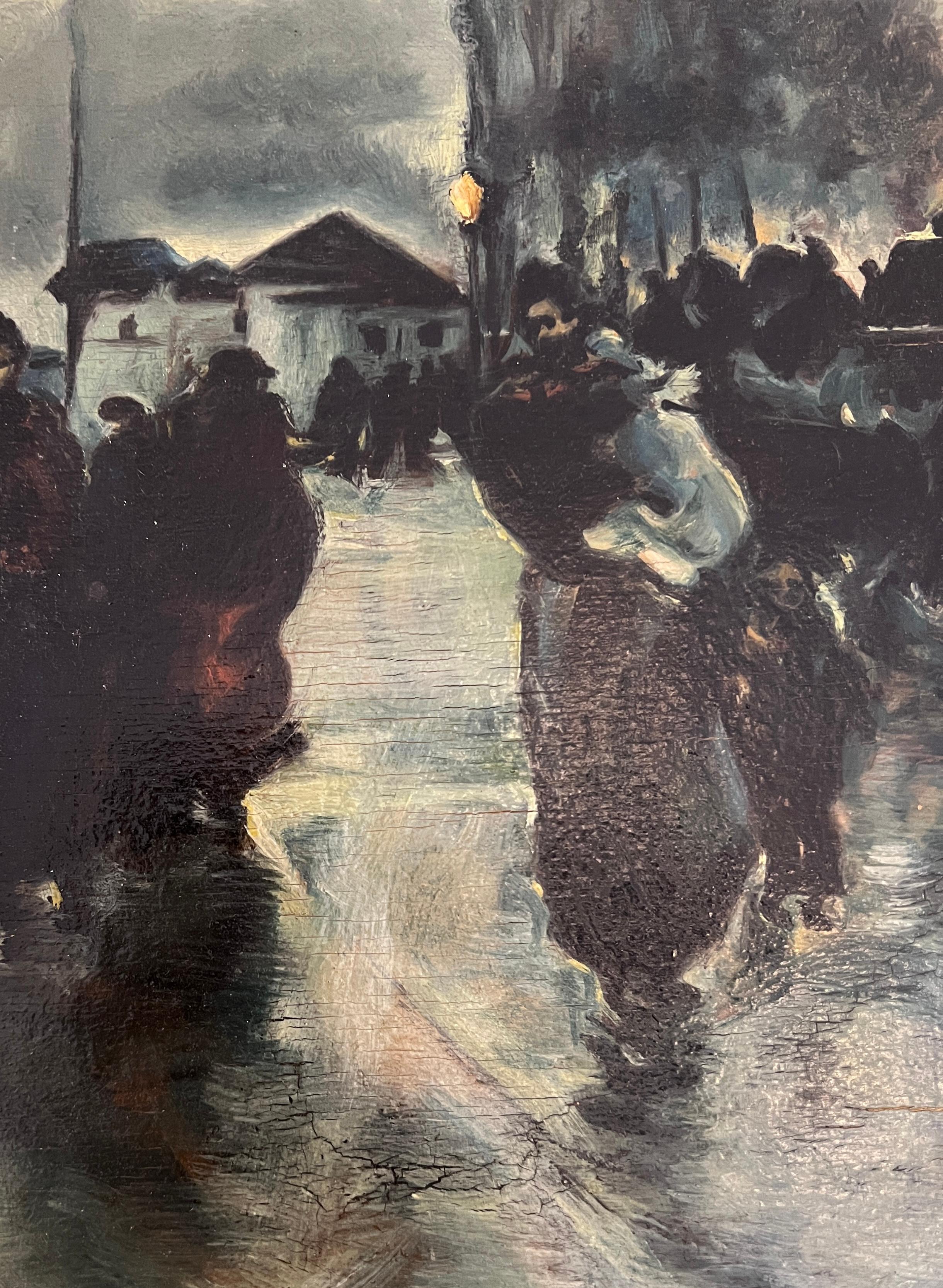 Scena di strada serale - Landscape Painting Grigio di Fausto Zonaro