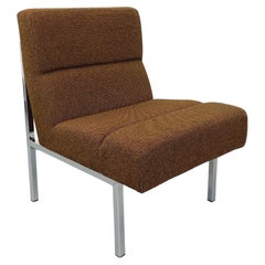 Fauteuil chauffeuse moderniste vintage en tissu de laine et métal chromé