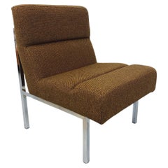 Fauteuil chauffeuse moderniste vintage en tissu de laine et métal chrome