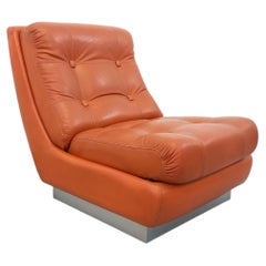 Fauteuil chauffeuse style Roche Bobois vintage en chrome et cuir tuile