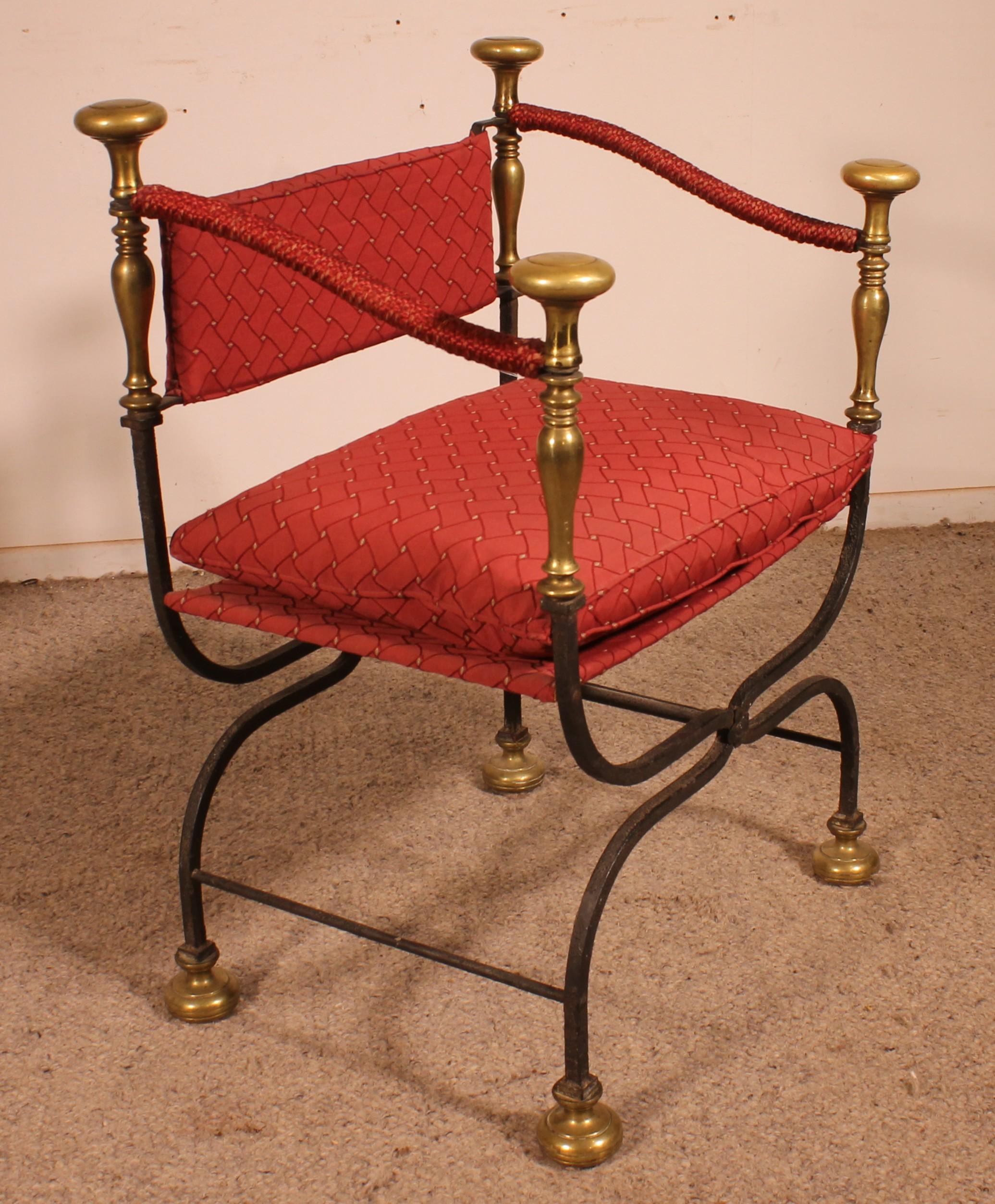 Wrought Iron Fauteuil Curule En Fer Forgé Et Bronze For Sale