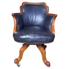 Fauteuil de bureau pivotant anglais en acajou et cuir noir