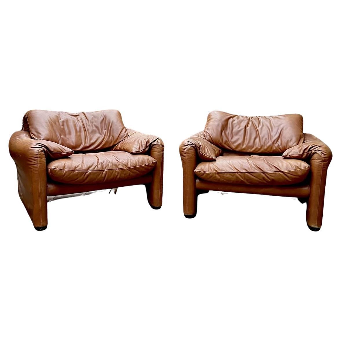 Pair of Maralunga leather lounge chairs by Vico Magistretti for Cassina