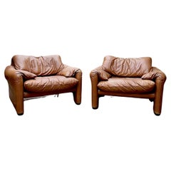 Pair of Maralunga leather lounge chairs by Vico Magistretti for Cassina