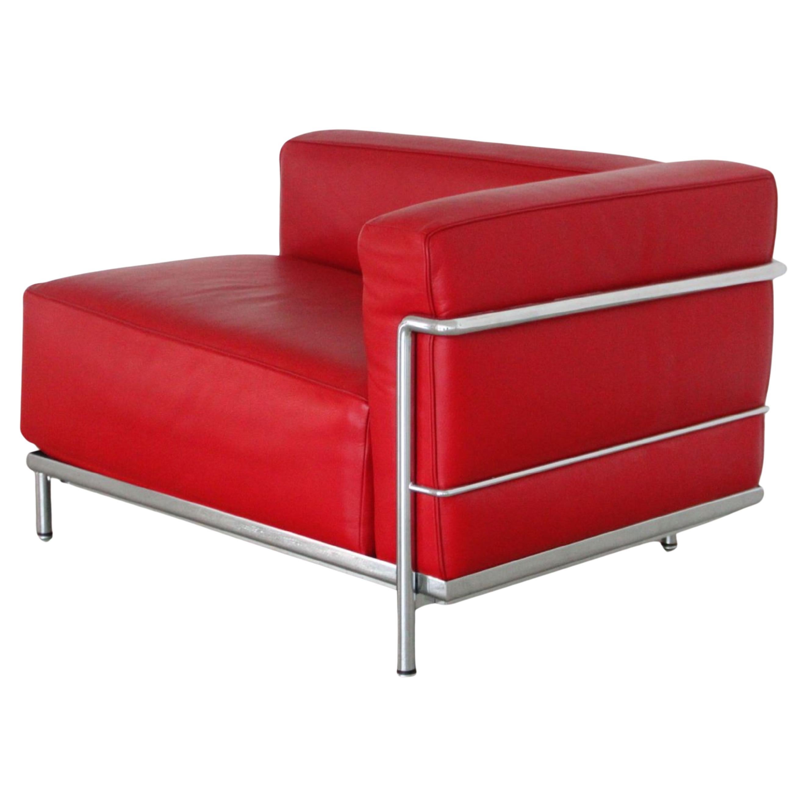 Fauteuil méridienne LC3 Le Corbusier pour Cassina en cuir rouge structure acier in vendita 2