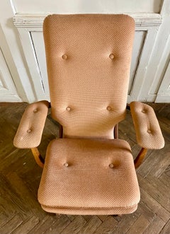 Fauteuil pliant vintage en bois et velours, accoudoirs Relax, 70's