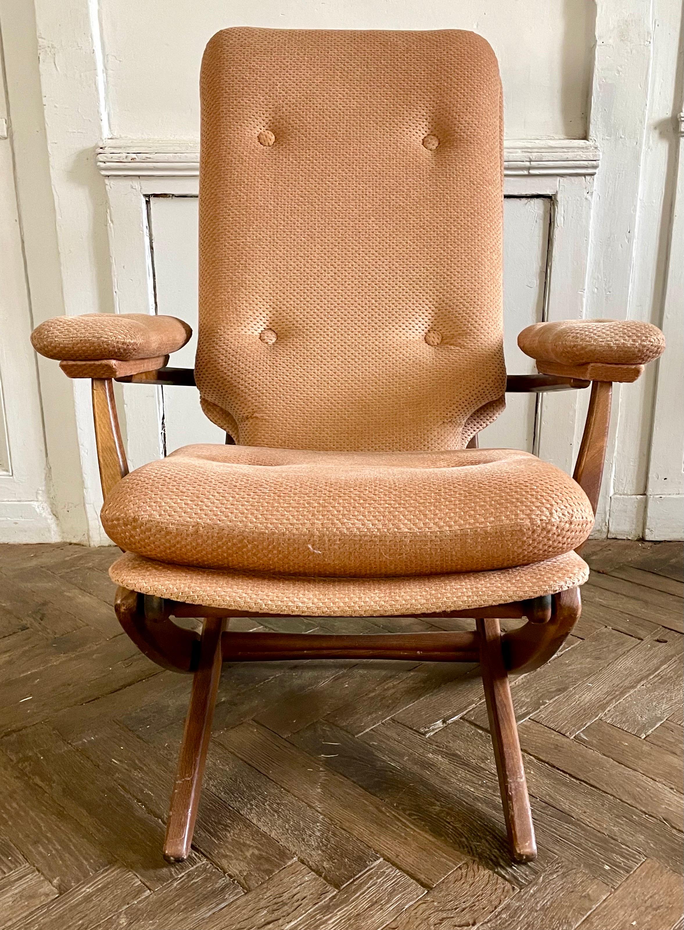 Scandinavian Modern Vintage Wood And Velvet Relax Folding Armchair Armrests, 70’s For Sale