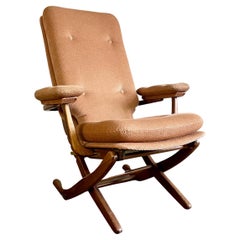 Vintage Wood And Velvet Relax Folding Armchair Armrests, 70’s