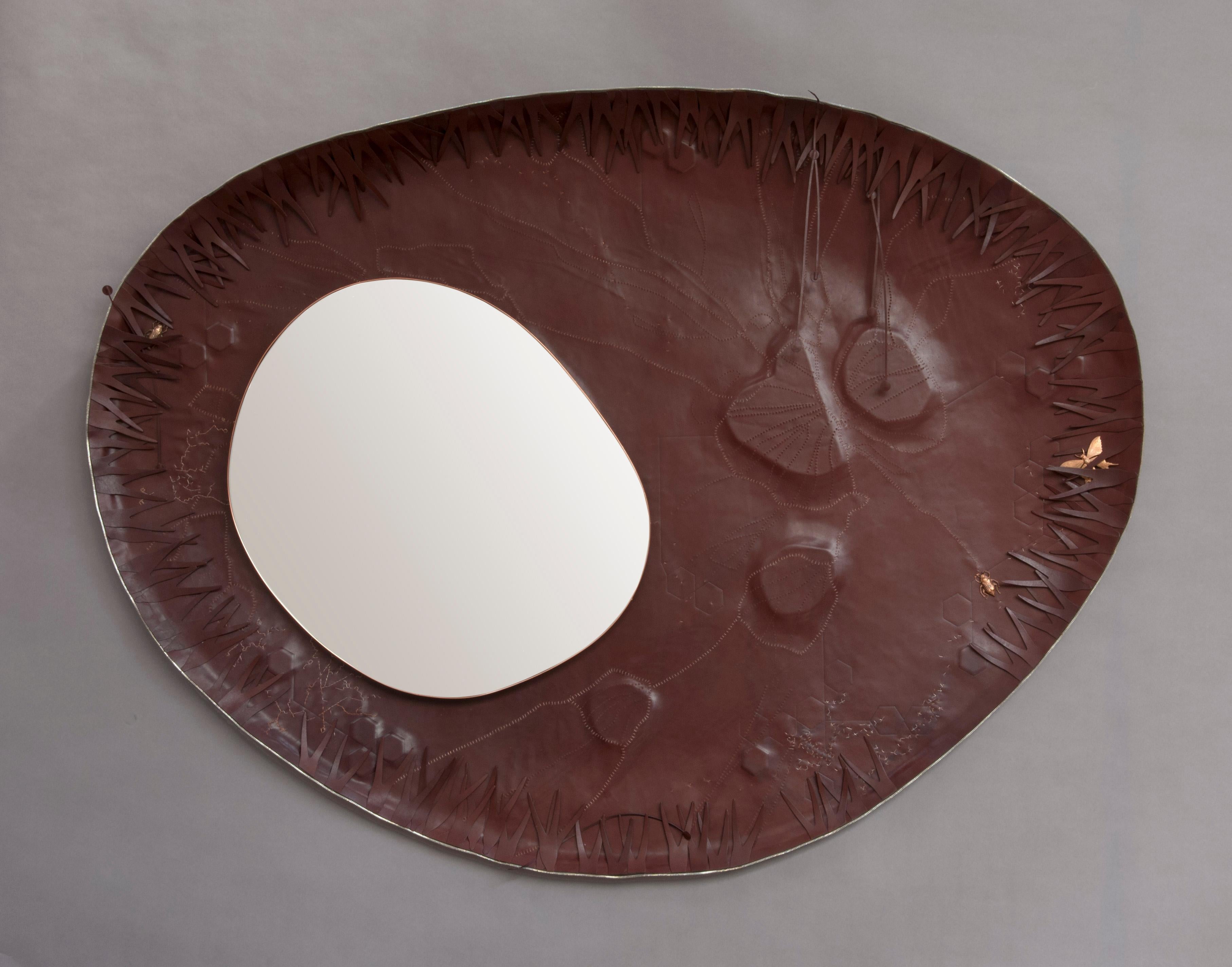 Fauve Leather Mirror with Gold, Silver and Copper Embroidery, France 4
