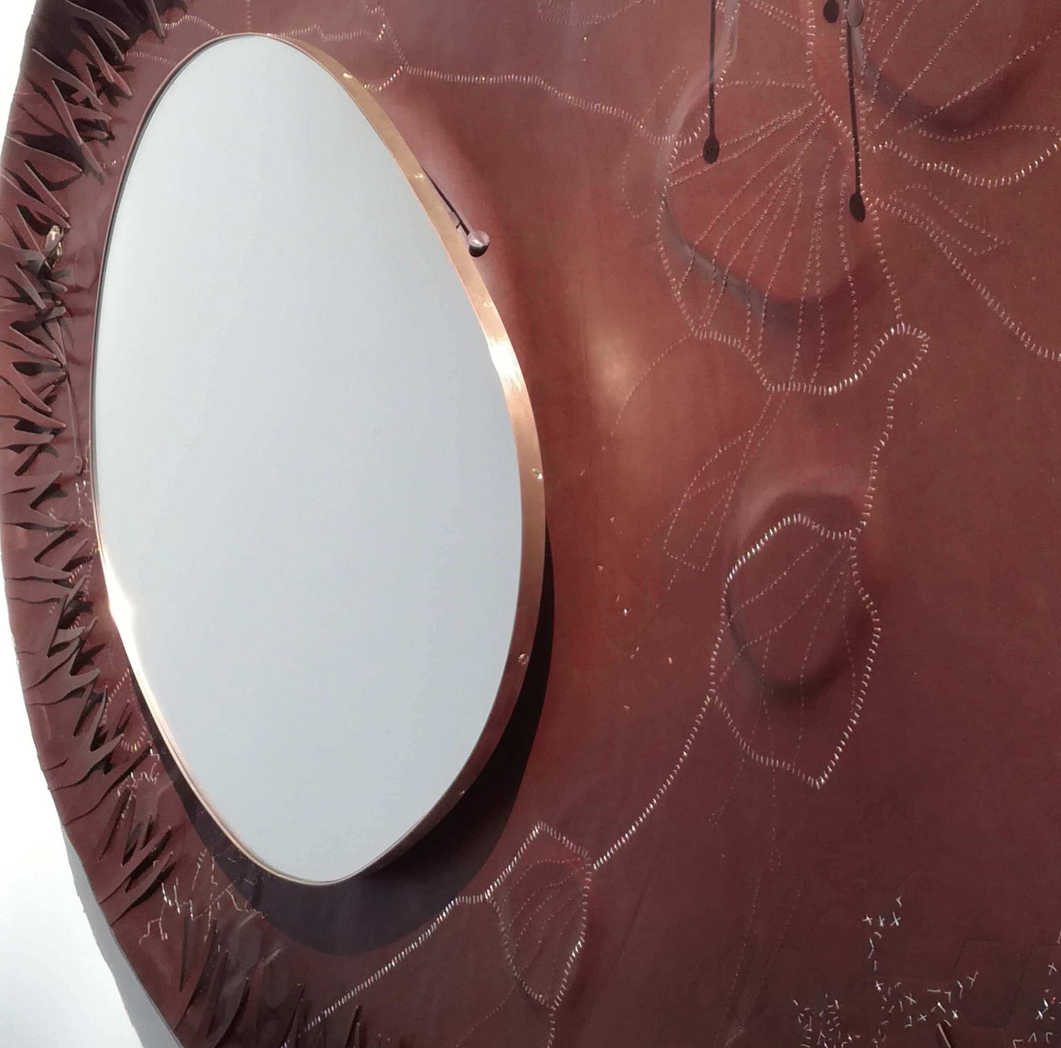 One of a kind French designer's luxury mirror in leather, color fauve.
Face: leather gamme 500 Tassin. Leather: front side and rear side. Embroidered with silver, gold and copper wire on perforation and embossing.
Big dimension.
 