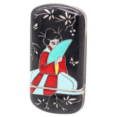 FAUVETY PARIS 1925 Art-Deco Enameled Chinoiserie Foldable Travel Clock In