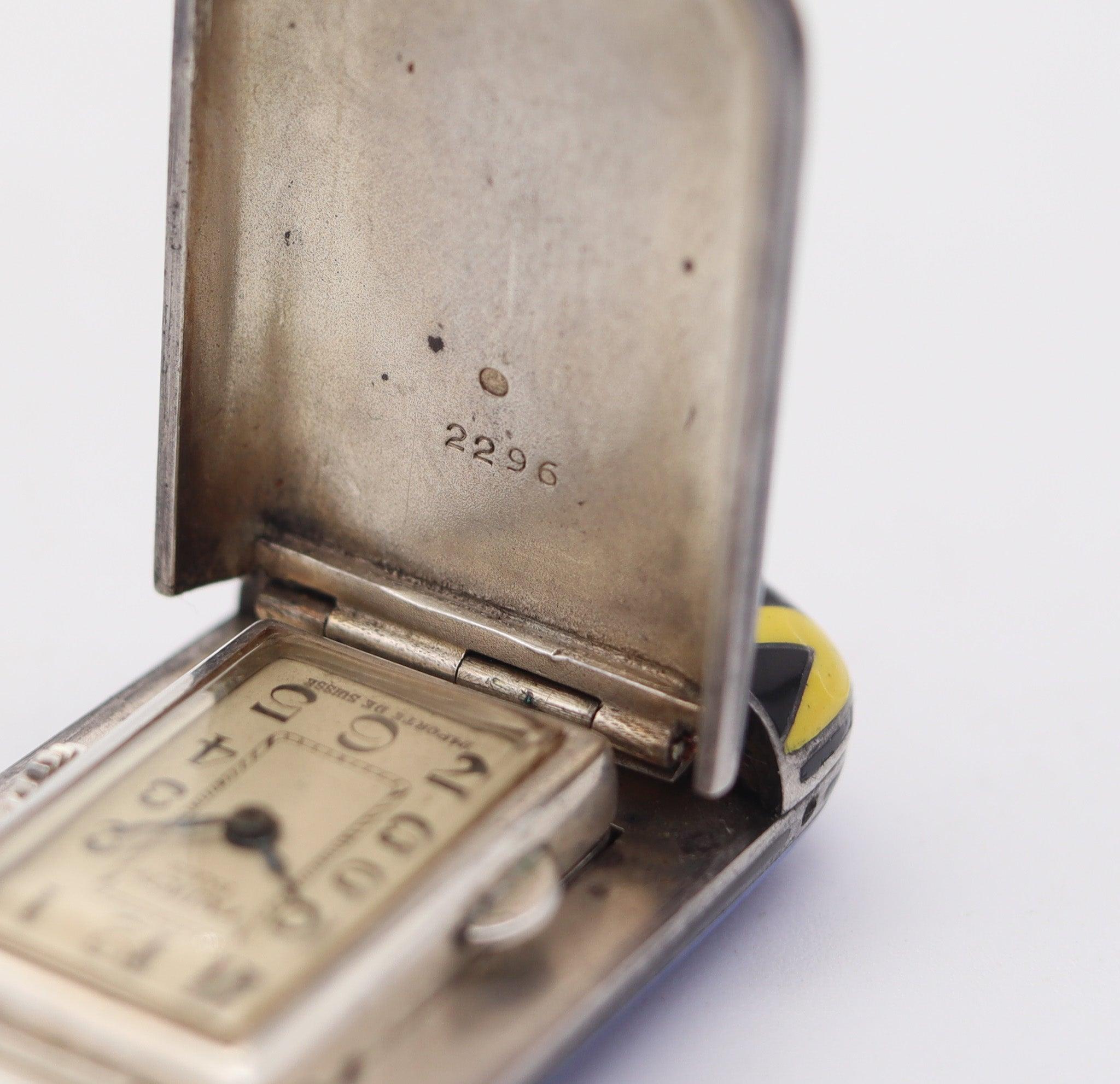 FAUVETY PARIS 1925 Art Deco French Enameled Travel-Purse Watch In .900 Sterling 4