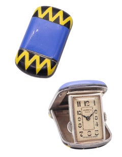 FAUVETY PARIS 1925 Art Deco Französische emaillierte Reiseuhr in .900 Sterling, emailliert, Art déco