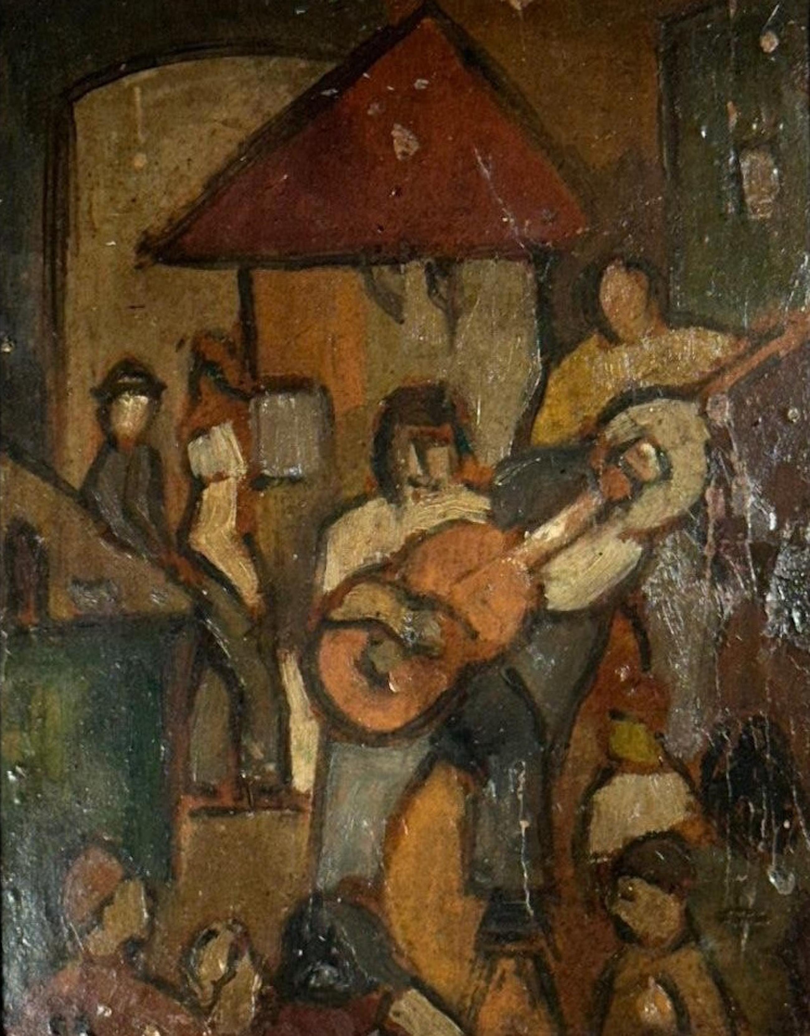 George Rouault Studio Fauvism Oil Painting on Paper on Board.

Characteristic genre painting of a musician group in typical style and technique of George Rouault (1871-1958). The Fauvist style artist had experience in leaded glass paintings which is