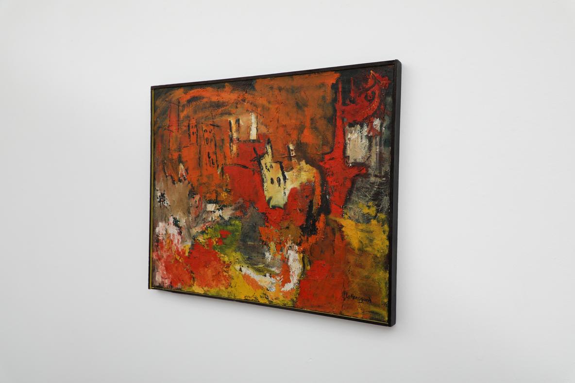 Peinture de paysage fauviste ou post-impressionniste représentant une ville européenne inconnue avec une technique d'empâtement à la peinture à l'huile. Cette peinture est extrêmement dynamique, avec des bâtiments, des maisons et des paysages