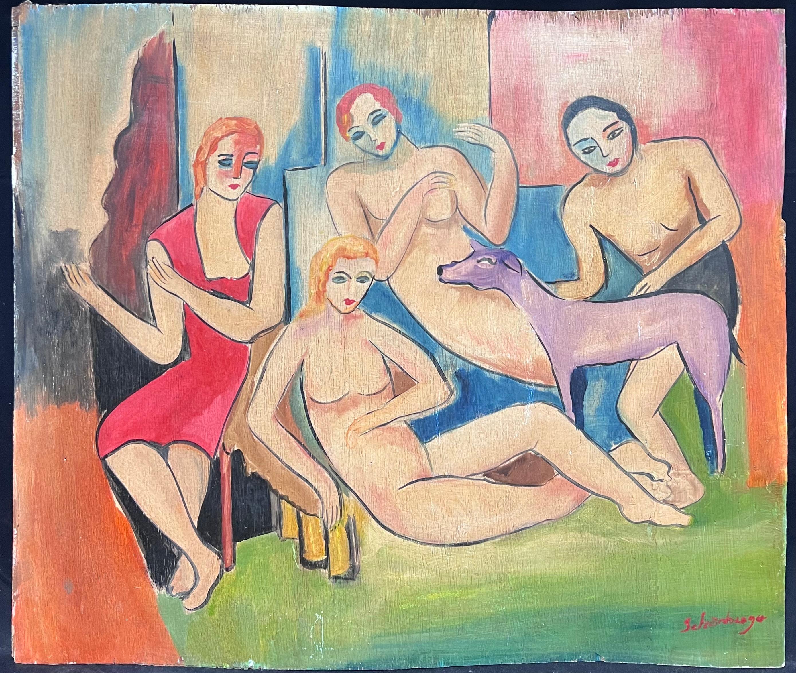 Olio firmato dalla metà del XX secolo, Figura nuda e Ritratto di gruppo e Cane - Painting di Fauvist School