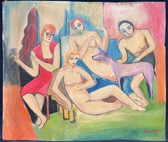 Mid 20th Century European Fauvist Signed Oil Nude Figure Group Portrait & Dog