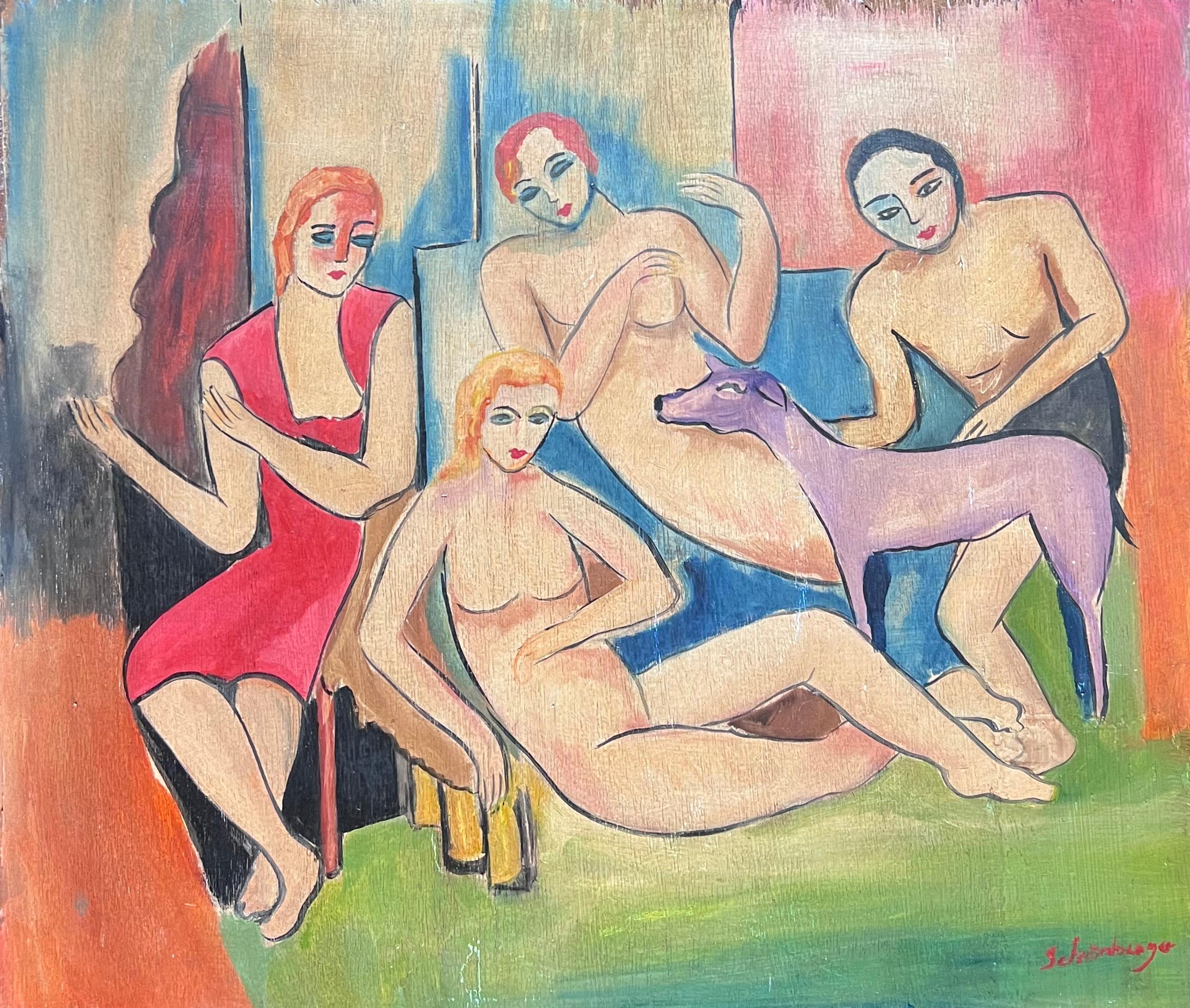 Olio firmato dalla metà del XX secolo, Figura nuda e Ritratto di gruppo e Cane - Painting Fauvismo di Fauvist School